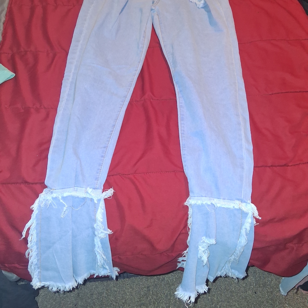 Stylish Frayed Hem Women's Blue Flare Jeans